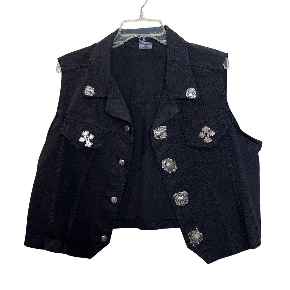 Black Denim Vest Embellished Button Up XL Western Boho‎ Festival Party 90s USA